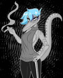 abstract_background alternate_costume anthro arm_tattoo black_bottomwear black_clothing black_pants blue_hair blush bottomwear breasts cigarette clothed clothed_anthro clothed_female clothing crossgender facial_tattoo female fingers grey_body grey_eyes hair hand_on_hip holding_cigarette holding_object humanoid_hands long_tail looking_at_viewer markings medium_breasts mtf_crossgender non-mammal_breasts pants pose short_hair shoulder_tattoo side_boob smile smoke solo spiked_tail spikes spikes_(anatomy) striped_markings stripes sweater tail tattoo topwear track_pants virgin_killer_sweater gothgator0 goodbye_volcano_high ko_op_(game_developer) meme_clothing nick_(gvh) baryonyx dinosaur prehistoric_species reptile saurischian scalie spinosaurid theropod hi_res meme portrait restricted_palette three-quarter_portrait
