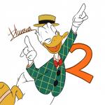 anthro avian_feet beak bow_(feature) bow_tie clothing eyes_closed feet green_clothing happy membrane_(anatomy) open_mouth open_smile pork_pie_hat simple_background smile solo toes webbed_feet white_background yellow_beak harara disney donald_duck anatid anseriform avian bird duck 1:1 2018 hi_res signature