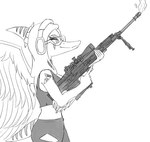 anthro anti-materiel_rifle bone_frill bottomwear claws clothing elbow_feathers electronics feathered_wings feathers female finger_claws frill_(anatomy) gm6_lynx gun halter_top headphones holding_gun holding_object holding_ranged_weapon holding_weapon midriff pants ranged_weapon short_tail smile snout solo tail torn_bottomwear torn_clothing torn_pants weapon wings jacket_ignites cavemanon_studios goodbye_volcano_high snoot_game fang_(gvh) prehistoric_species pterodactylus pterosaur reptile scalie 2024 black_and_white hi_res monochrome