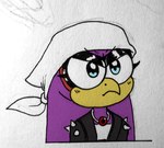 angry blue_eyes chibi clothing eyeliner eyewear female frown glasses jacket jewelry kerchief looking_at_viewer makeup necklace purple_body solo spiked_jacket topwear tube_top gemlik_rogue third-party_edit sega sonic_riders sonic_the_hedgehog_(series) wave_the_swallow avian bird