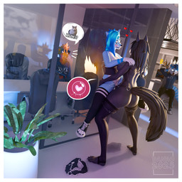 against_surface against_wall ambiguous_gender anthro big_breasts blue_body blue_eyes blue_fur blue_hair blush blush_lines bodily_fluids border breasts butt carrying_another carrying_partner choker claws clothing crop_top cum cum_inside duo exhibitionism female female/female fluffy fluffy_tail fur genital_fluids genitals gynomorph hair heart_symbol herm hip_grab impregnation intersex intersex/female jewelry legwear necklace nude office on_glass open_mouth orgasm penetration public public_nudity public_sex sex shirt size_difference slightly_chubby strapon tail thick_thighs tongue topwear unprofessional_behavior vaginal vaginal_penetration vulva white_body white_border white_fur danna_nsfw270 mythology scp_foundation danao_(danna_nsfw270) danna_(danna_nsfw270) mal0 scp-1471-a scp-1471-a_(monolitwec) serenity_(vyprae) yuna_(danna_nsfw270) canid canine canis dragon equid equine fox horse hybrid mal0_(species) mammal mythological_creature mythological_scalie pony scalie skulldog_(species) wolf 1:1 3d_(artwork) digital_media_(artwork) hi_res