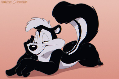 anthro bedroom_eyes big_butt biped black_body black_eyes black_fur black_nose butt casual_nudity fur gradient_background hair looking_at_viewer lying male male_anthro narrowed_eyes nude nude_anthro nude_male on_front open_mouth pink_background pose seductive simple_background smile smirk solo text thick_thighs three-quarter_view white_body white_fur white_hair white_inner_ear chicobo looney_tunes warner_brothers pepe_le_pew mammal mephitid skunk 2025 3:2 artist_name cel_shading digital_drawing_(artwork) digital_media_(artwork) english_text full-length_portrait portrait shaded
