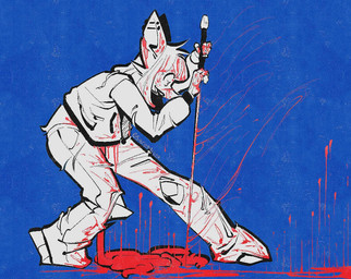 anthro barbell_piercing blood blood_on_clothing blue_background bodily_fluids bottomwear clothed clothing disembowelment ear_barbell ear_piercing gore guts gutspill holding_melee_weapon holding_object holding_sword holding_weapon hoodie longsword male melee_weapon organs pants piercing simple_background solo sword topwear torn_bottomwear torn_clothing torn_pants weapon saucymauler slaughterhouse_(suto) bat mammal 2026 compression_artifacts monochrome