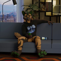 anthro apartment bottomless brown_body brown_fur cellphone clothed clothing ear_piercing electronics facial_piercing fur furniture genitals green_eyes green_hair green_penis hair hoodie hoodie_only looking_at_viewer male masturbation music nose_piercing overlook_hotel_carpet penile penile_masturbation penis phone piercing sitting smartphone sofa solo sound_effects striped_body striped_fur stripes tail tail_motion tailwag topwear topwear_only vinyl_record kingmutt zairiza apple_inc. e621 iphone korn metallica stephen_king_(copyright) the_shining 1:1 3d_(artwork) 3d_animation animated digital_media_(artwork) hi_res short_playtime sound webm