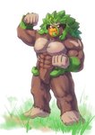 5_fingers 5_toes abs anthro biceps brown_body brown_fur facial_markings feet fingers fist fur grass green_hair hair head_markings male markings muscular muscular_anthro muscular_male muzzle_(marking) orange_eyes pecs plant simple_background snout snout_markings solo standing toes white_background katoributa_a nintendo pokemon generation_8_pokemon mammal pokemon_(species) primate rillaboom