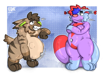 abdominal_bulge air_valve air_valve_navel anthro bean_mouth big_tail blue_background blue_body blue_ears border brown_body crossed_arms digestion digestion_noises dipstick_ears dipstick_tail duo ear_markings ear_piercing ear_ring gloves_(marking) gold_(metal) gold_ear_ring green_inner_ear green_nose gurgle_(sound_effect) hand_on_belly hand_on_own_belly humanoid_hands inflatable laugh leaning leaning_forward leg_markings male markings multicolored_ears onomatopoeia overweight overweight_anthro overweight_male piercing pink_nose purple_body red_body red_ear_tips red_tail_tip ring_piercing rumbling_stomach short_tail sigh simple_background smile socks_(marking) sound_effects standing tail tail_markings text vore white_border eliaslynxie elias_(eliaslynxie) jackie_(eliaslynxie) animate_inanimate domestic_cat felid feline felis hybrid living_inflatable lynx mammal hi_res