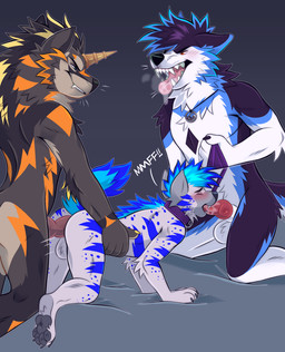 all_fours anthro anthro_on_anthro anthro_penetrated anthro_penetrating anthro_penetrating_anthro balls black_hair blonde_hair blue_body blue_fur blue_hair bodily_fluids dark_body dark_fur dark_hair erection eyes_closed fellatio fur genitals glistening glistening_eyes green_eyes grey_balls grey_body grey_fur group group_sex hair horn jewelry kneeling kneeling_sex knot male male/male male_penetrated male_penetrating male_penetrating_male markings narrowed_eyes necklace nude oral orange_body orange_eyes orange_fur penetration penile penis purple_body purple_fur purple_hair red_penis saliva saliva_on_penis sex side_view simple_background spitroast spots spotted_arms spotted_body spotted_fur spotted_legs striped_arms striped_legs three-quarter_view threesome trio unsigned white_body white_fur princelykaden canid canine canis domestic_dog husky mammal nordic_sled_dog spitz hi_res