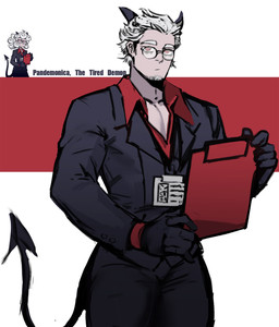 badge beard clipboard clothed clothing crossgender dual_persona eyewear facial_hair female ftm_crossgender glasses gloves hair handwear holding_clipboard holding_object horn looking_at_viewer male not_furry red_eyes simple_background solo spade_tail suit tail text topwear white_hair dopq helltaker pandemonica_(helltaker) demon humanoid character_name hi_res