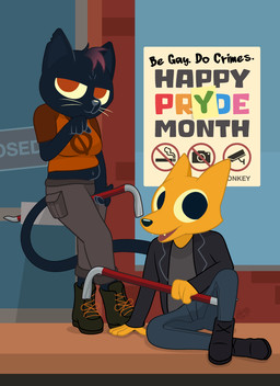 anthro clothing crowbar female jacket lgbt_pride loitering male storefront tail tools topwear dm29 lgbt_pride_month night_in_the_woods gregg_lee mae_borowski canid canine felid feline mammal