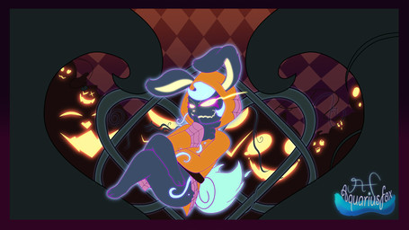 4_fingers anthro blue_body blue_fur blue_hair bottomless clothed clothing female fingers fire flaming_tail food fruit fur glowing glowing_eyes hair holidays hoodie jack-o'-lantern looking_at_viewer orange_clothing orange_topwear plant pose pumpkin smile solo tail tentacles topwear aquariusfox conditional_dnp halloween aria_(aquariusfox) ghost lagomorph leporid mammal rabbit spirit 16:9 digital_media_(artwork) hi_res pinup wallpaper widescreen