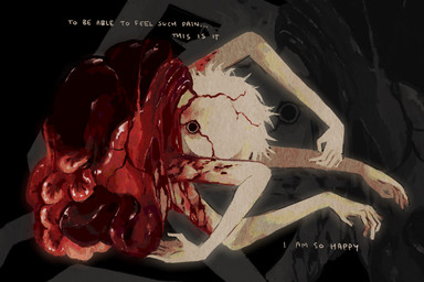 4_arms 5_fingers ambiguous_gender ambiguous_humanoid black_eyes blood bodily_fluids extra_arms fingers fur gore guts hair horror_(theme) intestines looking_at_viewer mouthless multi_arm multi_limb noseless organs pain solo text white_body white_fur white_hair wounded jejejunum ember_(jejejunum) humanoid spirit 2025 digital_media_(artwork) digital_painting_(artwork) english_text hi_res painting_(artwork)
