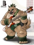 anthro belly blush bodily_fluids brown_body brown_fur fur humanoid_hands kemono male moobs musical_instrument nipples overweight overweight_anthro overweight_male scar solo sweat mind_drive mizuse_higomaru lifewonders tokyo_afterschool_summoners yasuyori_(tas) canid canine canis domestic_dog mammal 2021 hi_res