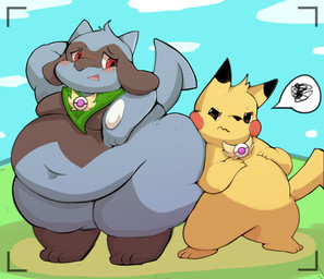 3_fingers 3_toes ambiguous_gender anthro big_butt black_eyes black_markings black_nose blue_body blush butt camera_view cloud detailed_background duo eye_contact feet fingers green_kerchief hand_on_belly hand_on_own_belly kerchief looking_at_another markings navel neck_accessory obese outside overweight pupils red_cheeks red_eyes sky slightly_chubby speech_bubble squish thick_thighs toes white_pupils fairyrolls nintendo pokemon generation_1_pokemon generation_4_pokemon pikachu pokemon_(species) riolu 2022 absurd_res hi_res shaded