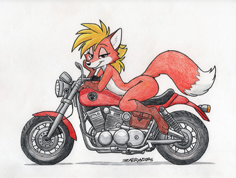 anthro blonde_hair brown_eyes butt claws countershading eyebrows femboy fur gloves_(marking) hair lidded_eyes male markings motor_vehicle motorcycle orange_body orange_fur red_body red_fur simple_background smile smiling_at_viewer solo vehicle white_body white_fur wide_hipped_anthro wide_hipped_male wide_hips zaeryn canid canine fox mammal red_fox true_fox 2026 hi_res