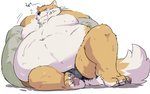 anthro bean_bag belly blush bulge chubby_cheeks claws clothed clothing fur kemono male moobs navel nipples obese obese_anthro obese_male overweight overweight_anthro overweight_male reclining simple_background solo struggling tan_body tan_fur text toe_claws topless white_background white_body white_fur pukkunnnn canid canine canis domestic_dog mammal 2020 japanese_text