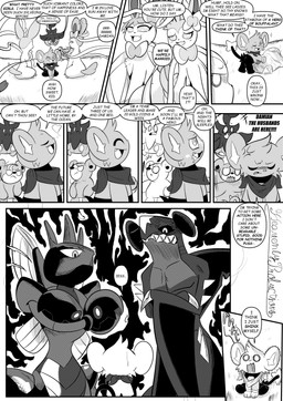 9_panel_comic ambiguous_gender angry anthro biped black_body black_fur black_nose black_text bodily_fluids bow_ribbon claws clenched_teeth dialogue drooling ellipsis exclamation_point eyebrows eyelashes eyes_closed female feral floating fur group heart_symbol looking_at_another male motion_lines mouth_closed one_eye_closed open_mouth open_smile paws pose pupils quadruped question_mark saliva scarf sharp_teeth sitting smile speech_bubble standing tail talking_to_another teeth text tongue white_sclera heavenlyproductions nintendo pokemon eeveelution garchomp generation_2_pokemon generation_4_pokemon generation_6_pokemon pokemon_(species) pumpkaboo scizor shinx sylveon teddiursa 2025 absurd_res comic english_text hi_res monochrome signature