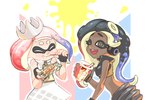 anthro bare_shoulders beverage brown_body brown_skin clothing container crop_top crown cup dark_body dark_skin duo electronics female food hair headgear headphones light_body light_skin multicolored_hair pseudo_hair shirt toothpick topwear zipper mikeinel nintendo splatoon marina_(splatoon) off_the_hook_(splatoon) pearl_(splatoon) animal_humanoid cephalopod cephalopod_humanoid humanoid inkling marine marine_humanoid mollusk mollusk_humanoid octarian octoling 3:2 tagme