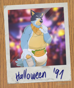 anthro clothing costume diaper feces holidays humiliation male overweight slightly_chubby soiling solo possumkiddo bluey_(series) halloween bandit_heeler australian_cattle_dog canid canine canis cattledog domestic_dog herding_dog mammal pastoral_dog absurd_res hi_res