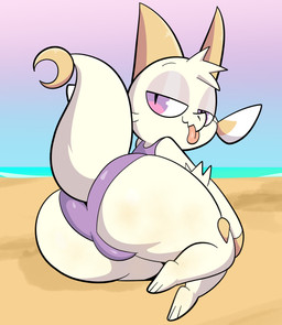 2_horns 3_toes anthro black_eyebrows blep bulge claw_fingers claws clothed clothed_anthro clothed_male clothing eyebrows feet fingers fur glistening glistening_eyes half-closed_eyes hand_on_leg hand_on_own_leg hand_on_own_thigh hand_on_thigh horn looking_back male male_anthro narrowed_eyes pupils purple_clothing purple_eyes purple_swimwear raised_tail rear_view slit_pupils solo swimwear tail toes tongue tongue_out white_body white_fur white_tail yellow_horn someth1ngoranother chikn_nuggit mythology fwench_fwy_(chikn_nuggit) dragon mythological_creature mythological_scalie scalie 2026 absurd_res digital_drawing_(artwork) digital_media_(artwork) hi_res nonbinary_(lore)