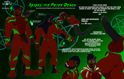 anthro anus arm_tattoo balls big_breasts big_butt black_anus black_flesh black_penis black_sclera bodily_fluids breasts brown_body brown_fur butt chest_tattoo elemental_manipulation erection fire fire_manipulation fur genitals green_eyes green_tattoo hair leg_tattoo looking_at_viewer male markings neck_tattoo nipples nude open_mouth pawpads paws penis pupils simple_background slit_pupils smile solo tail tattoo teeth text kay_powers azazel_superbia kay_(azazel) demon felid feline lion mammal pantherine digital_media_(artwork) english_text hi_res model_sheet