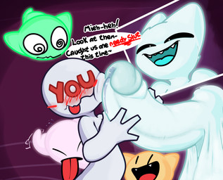 ambiguous_gender anthro balls blush blush_lines bodily_fluids dialogue disembodied_penis face_squish genital_fluids genitals glowing group hand_on_penis hyper hyper_genitalia male penis precum squish text tongue tongue_out rabblet edo_(rabblet) ghost humanoid spirit hi_res