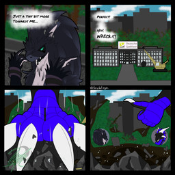 4_toes anthro black_body black_fur black_scales building building_destruction city claws destruction destruction_of_property duo extreme_size_difference feet fingers frill_(anatomy) fur gesture green_eyes hand_gesture horn house macro male male/male micro norvius open_mouth paws plant scales simple_background size_difference sky smile stomped stomping teeth text thumbs_up toes wrecking_ball larukdragon reiko_reyshidera_(artist) mythology reiko_reyshidera shadowcloud dragon mythological_creature mythological_scalie scalie sergal comic digital_media_(artwork) english_text hi_res