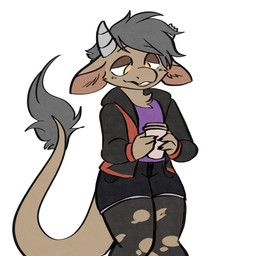 anthro big_tail biped black_bottomwear black_clothing black_shorts blush bottomwear broken_horn brown_body brown_fur cheek_tuft chest_tuft claws clothed clothing container cup denim denim_bottomwear denim_clothing denim_shorts facial_tuft female flat_chested fur grey_hair grey_horn hair half-closed_eyes holding_container holding_cup holding_object hoodie horn inner_ear_fluff legwear lidded_eyes multicolored_hoodie narrowed_eyes open_mouth orange_eyes pantyhose purple_clothing purple_shirt purple_topwear shirt short_hair shorts simple_background smile solo standing tail teeth topwear torn_clothing torn_legwear torn_pantyhose tuft white_background manitka manitka_storm bovid bovine cattle mammal 1:1 2025 digital_media_(artwork) hi_res procreate_(artwork)