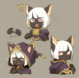 4_fingers ambiguous_gender anthro black_body black_fur bodily_fluids clothed clothing fingers fur grey_background hair hood interrobang kemono nervous open_mouth purple_clothing purple_robe red_eyes robe simple_background solo sweat text white_hair maniani0122 marsia_(maniani) domestic_cat felid feline felis mammal japanese_text