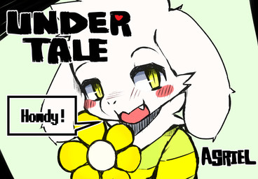 :3 anthro blush clothing cute_fangs fangs fur golden_flower green_clothing green_sweater green_topwear heart_symbol kemono looking_away male narrowed_eyes neck_tuft open_mouth pattern_clothing pattern_sweater pattern_topwear pupils simple_background slit_pupils solo speech_bubble striped_clothing striped_sweater striped_topwear stripes sweater teeth text topwear tuft white_body white_fur yellow_eyes dinogaize undertale undertale_(series) asriel_dreemurr boss_monster_(undertale) bovid caprine goat mammal 2016