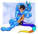 anthro blue_latex duo eyes_closed happy latex latex_transformation looking_at_another male nude_anthro nude_male open_mouth slim_anthro slim_male transformation maefeline mythology canid canine dragon fox mammal mythological_creature mythological_scalie scalie 2023 hi_res