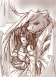 anthro bandage bandaged_arm bed_sheet bedding chain clothing cuddling duo eyes_closed female hug hugging_another hugging_from_behind male male/female romantic romantic_couple under_covers kubikitsune kubikitsune_(character) rudolf_(kubikitsune) canid canine canis domestic_dog fox mammal monochrome