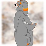 anthro balls butt butt_focus floppy_ears fur genitals grey_body grey_fur hair horn looking_at_viewer looking_back looking_back_at_viewer male nude orange_eyes orange_horn orange_stripes outline penis question_mark simple_background solo stripes tail tail_tuft tuft brokenvocaloid gusta_(gusta) bovid caprine goat mammal 1:1 hi_res