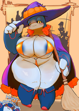 4_fingers anthro areola areola_slip big_breasts bikini black_sclera blue_areola blue_body blush breasts broom brown_background cape cleaning_tool clothing female fingers glistening glistening_body grey_body half-closed_eyes happy_halloween hat headgear headwear holding_broom holding_cleaning_tool holding_clothing holding_hat holding_headgear holding_headwear holding_object holidays huge_breasts looking_at_viewer micro_bikini narrowed_eyes orange_bikini orange_clothing orange_swimwear pokemorph purple_cape purple_clothing purple_hat purple_headwear simple_background slightly_chubby slightly_chubby_female solo standing swimwear thick_thighs two-piece_swimsuit wide_hips witch_costume witch_hat yellow_eyes artesjsc halloween nintendo pokemon generation_3_pokemon kyogre legendary_pokemon pokemon_(species) full-length_portrait hi_res portrait