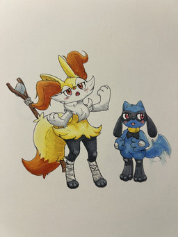 3_fingers 3_toes ambiguous_anthro ambiguous_gender anthro arm_tuft biped black_body black_fur black_nose blep blue_body blue_tail blush blush_lines blush_stickers cheek_tuft chest_tuft cute_fangs digitigrade dipstick_tail duo facial_tuft fangs featureless_crotch feet fingers flat_chested front_view fur hip_tuft inner_ear_fluff leg_wraps looking_at_viewer looking_away markings monotone_tail multicolored_body multicolored_fur nude_ambiguous nude_anthro object_in_tail open_mouth orange_body orange_fur orange_inner_ear_fluff orange_nose orange_tail_tip pointy_ears prick_ears red_eyes rock shoulder_tuft simple_background snout standing stick stick_in_tail tail tail_markings tail_motion tailwag teeth toes tongue tongue_out tuft two_tone_tail white_background white_body white_fur wraps yellow_body yellow_fur yellow_tail stuffmadebymelol nintendo pokemon braixen canid generation_4_pokemon generation_6_pokemon mammal pokemon_(species) riolu 2026 3:4 english_description hi_res marker_(artwork) traditional_media_(artwork)