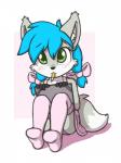 anthro biped blue_hair blush bow_(feature) clothed clothing dress female footwear freckles fur green_eyes grey_body grey_fur hair inner_ear_fluff legwear looking_at_viewer on_ground panties pencil_(object) simple_background sitting socks solo tuft underwear white_body white_fur young young_anthro aggie_(artist) darcy_(princessdarcy) arctic_fox canid canine fox mammal true_fox 2019 digital_media_(artwork)