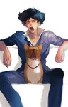 eyes_closed hair male messy_hair open_mouth shadow sitting spread_legs spreading unknown_artist cowboy_bebop ein_(cowboy_bebop) spike_spiegel canid canine canis domestic_dog herding_dog human mammal pastoral_dog welsh_corgi hi_res