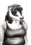 anthro clothed clothing ear_piercing female fully_clothed hair jewelry necklace piercing simple_background slightly_chubby slightly_chubby_anthro slightly_chubby_female solo white_background oddwilds badger mammal mustelid musteline 2023 greyscale hi_res monochrome