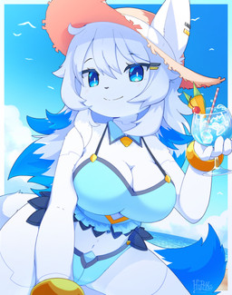 anthro beach big_breasts bikini biped blue_eyes breasts clothed clothing female female_anthro fingers fluffy fluffy_tail fur hair hat headgear headwear kemono machine outside seaside smile solo swimwear tail two-piece_swimsuit hyrika bella_(devil-vox) android canid canine canis mammal robot wolf absurd_res digital_media_(artwork) hi_res shaded