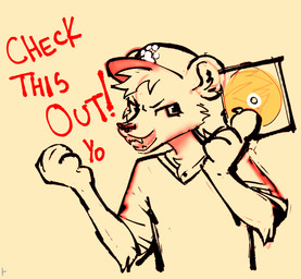 anthro baseball_cap cd clothing dialogue footprint gusano_(werehouse) hair hat headgear headwear jersey looking_at_viewer male pawprint ponytail shirt solo talking_to_viewer topwear werehouse african_wild_dog canid canine mammal hi_res