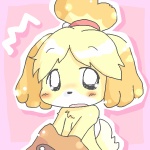 :o anthro big_eyes blonde_hair blush chest_tuft chibi clothed clothing female flat_chested fur hair looking_at_viewer open_mouth outline pink_background shocked simple_background solo surprise surprised_expression tail topless tuft undressing white_outline yellow_body yellow_fur annyui0611 animal_crossing nintendo isabelle_(animal_crossing) canid canine canis domestic_dog mammal shih_tzu toy_dog 1:1 2012 half-length_portrait portrait