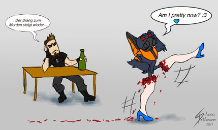 ambiguous_gender blood bodily_fluids bottle clothing container dialogue duo footwear furniture gas_mask gore heart_symbol high_heels male mask red_eyes severed_body_part severed_leg severed_limb shoes sitting table text dragunalb halo_(series) microsoft xbox_game_studios alien human mammal unggoy colored english_text german_text hi_res translated