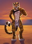 animal_genitalia anthro balls beach clothed clothing clothing_lift genitals looking_at_viewer male penis penis_tip sheath smile solo standing kinsheph karnal_(karnaltiger) felid mammal pantherine tiger hi_res