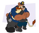 anthro black_nose bottomwear brown_body clothing duo hat headgear headwear hug male overweight overweight_male pants police police_hat police_uniform shirt simple_background topwear uniform mezasalvador brok_the_investigator cowcat_games fan_character r.j._(brok_the_investigator) bear felid lion mammal pantherine 2023 hi_res