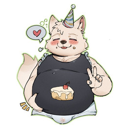 anthro belly_grab birthday_cake bodily_fluids cake clothing dessert eyes_closed food genital_fluids hat headgear headwear leaking_precum male overweight party_hat precum semi-transparent shy simple_background slightly_chubby solo translucent white_background kisort