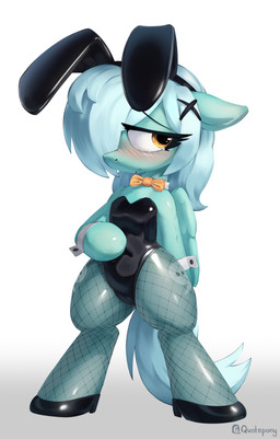 anthro blue_hair bodily_fluids bunny_costume clothing costume embarrassed female gradient_background hair looking_away one_eye_obstructed orange_eyes semi-anthro simple_background solo teal_body tears quotepony hasbro my_little_pony fan_character equid equine horse mammal pony absurd_res full-length_portrait hi_res portrait watermark