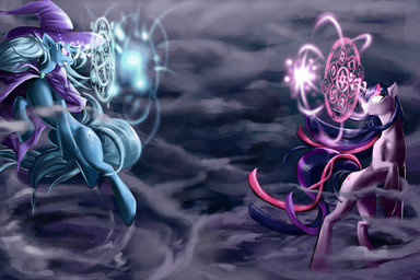 battle blue_body blue_fur blue_hair cape clothing cutie_mark duo female feral fight fur glowing glowing_eyes hair hat headgear headwear horn magic magic_circle multicolored_hair pink_eyes pink_hair purple_body purple_fur purple_hair quadruped spell tail two_tone_hair wizard_hat laweegie friendship_is_magic hasbro my_little_pony mythology trixie_(mlp) twilight_sparkle_(mlp) equid equine mammal mythological_creature mythological_equine unicorn 2011 3:2