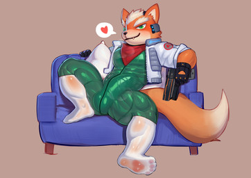 anthro big_muscles blush bodysuit bulge clothing detailed_bulge furniture genital_outline genitals gun jacket male muscular muscular_male penis_outline ranged_weapon reclining scarf simple_background skinsuit sofa solo tail tight_clothing topwear translucent translucent_clothing vein veiny_muscles weapon cydonia_xia nintendo star_fox fox_mccloud canid canine fox mammal absurd_res hi_res