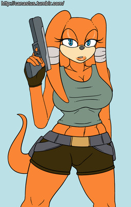anthro athletic athletic_anthro athletic_female bad_trigger_discipline belt blue_eyes bottomwear breasts clothing cosplay dreadlocks eyelashes female fur gloves gun handgun handwear lips lipstick looking_at_viewer makeup midriff orange_body orange_fur pistol pose ranged_weapon shirt shorts simple_background solo tank_top thick_bottom_lip topwear weapon wide_hipped_female wide_hips canastus sega sonic_adventure sonic_the_hedgehog_(series) tomb_raider lara_croft tikal_the_echidna echidna mammal monotreme flat_colors pinup