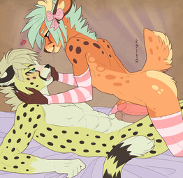 abs accessory after_kiss anthro anthro_on_anthro antlers blonde_hair blush blush_lines bodily_fluids bow_ribbon circumcised circumcision_scar clothed clothing duo ear_piercing ears_back erection femboy footwear foreskin frottage fur genitails genital_fluids genital_scar genitals grabbing_sheets green_eyes green_hair hair hair_accessory hair_bow hair_ribbon heart_symbol horn humanoid_genitalia humanoid_penis inner_ear_fluff interspecies legwear male male/male male_anthro markings multicolored_body multicolored_fur nude open_mouth orange_body orange_fur pattern_clothing pattern_footwear pattern_legwear penile penis penises_touching piercing pivoted_ears precum predator/prey retracted_foreskin ribbons romantic saliva saliva_string scar sex spots spotted_body spotted_fur stockings striped_clothing striped_footwear striped_legwear stripes tail tongue tongue_out tuft yellow_body yellow_fur acinothecheetah acino stephen_wintre cheetah deer felid feline mammal 2025 digital_media_(artwork) hi_res