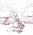 anthro barefoot bench blush claws clothed clothing cloud crouching dessert detailed_background duo_focus ear_markings facial_markings feet female food fur fur_markings group hand_on_belly head_markings holding_object ice_cream ice_cream_cone male markings outside park plant pregnant smile standing toe_claws tree vendor fuel_(artist) disney zootopia jack_savage skye_(zootopia) arctic_fox canid canine deer felid fox lagomorph leporid mammal rabbit true_fox 2018 digital_drawing_(artwork) digital_media_(artwork) hi_res monochrome red_and_white